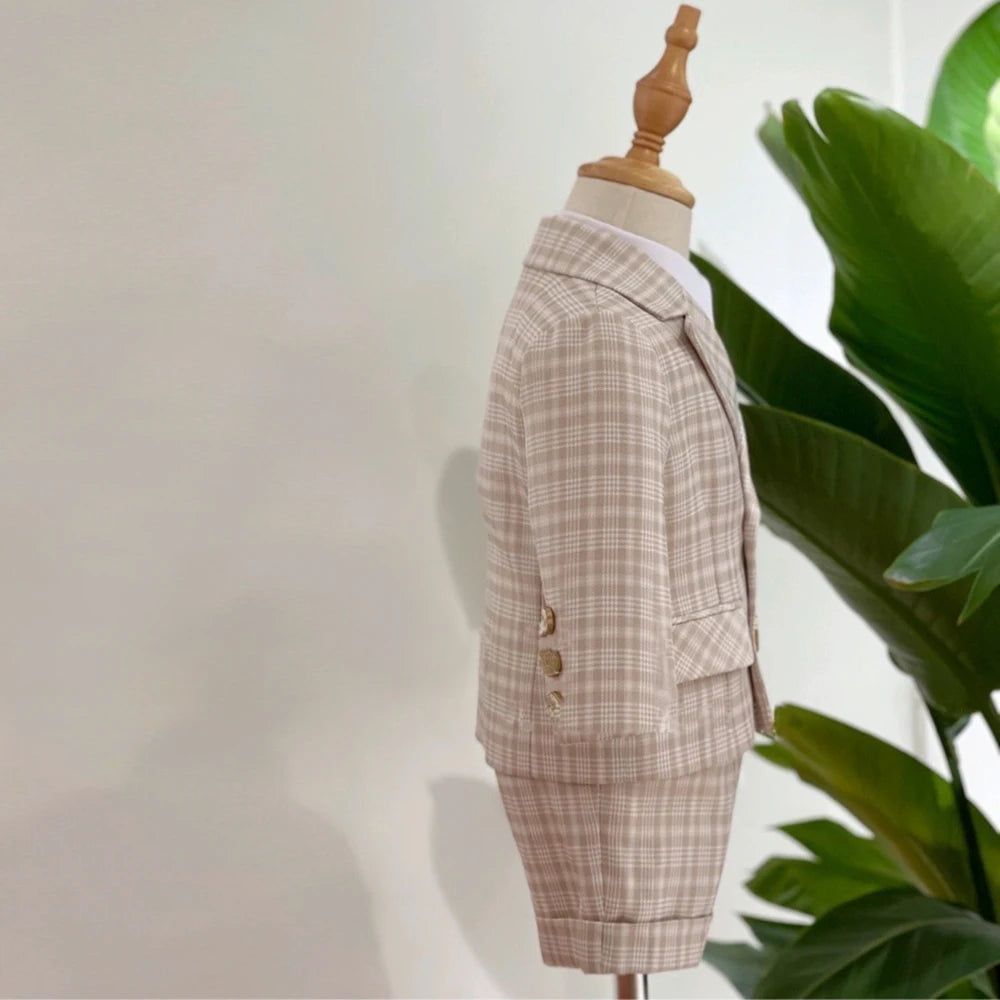 Baby Photograph Boys Suit Children Clothes Set Spring Khaki Lattice Birthday Dress Kids costume Tuxedo Coat+Shorts With Strap