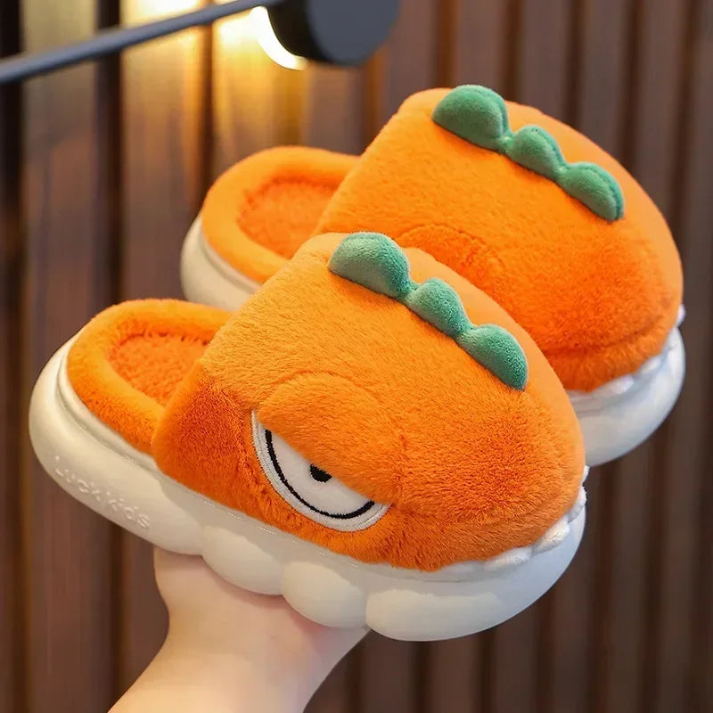 Cute Cartoon Dinosaur Children Plush Slippers Soft Sole Non-slip Winter Warm Baby Boys Girls Indoor Home Heel Wrap Cotton Shoes