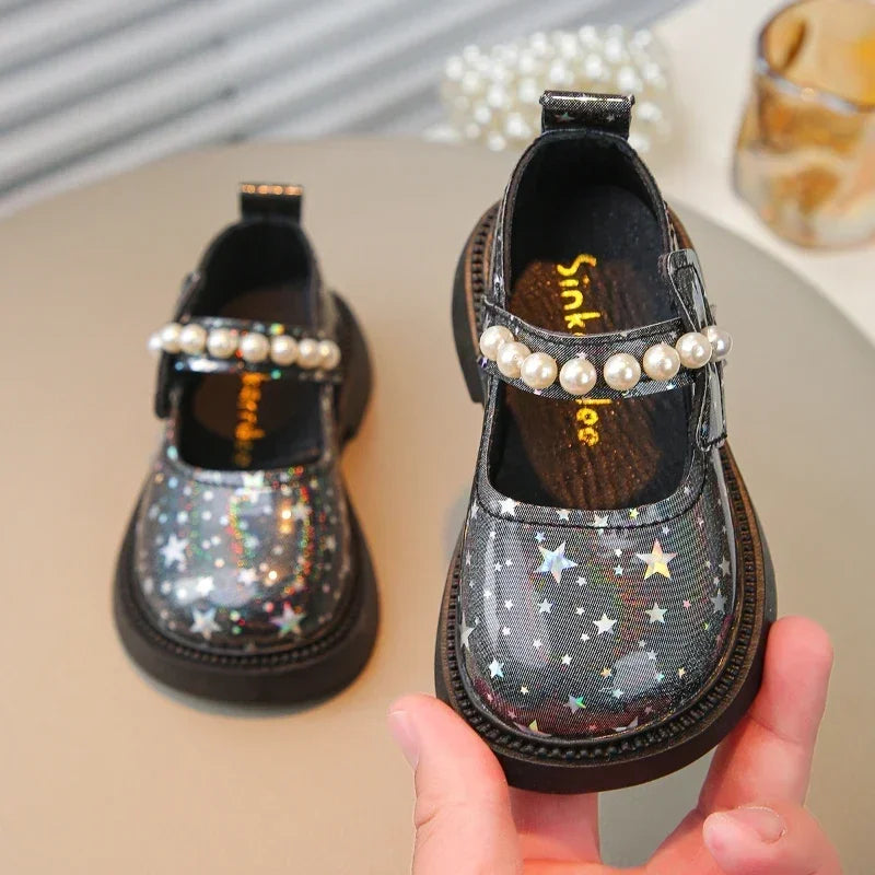 Bling All Over Stars Fashion Leather Shoes for Kids Girls Beading Black Pink White Rubber Children School Dress Shoes New I01163
