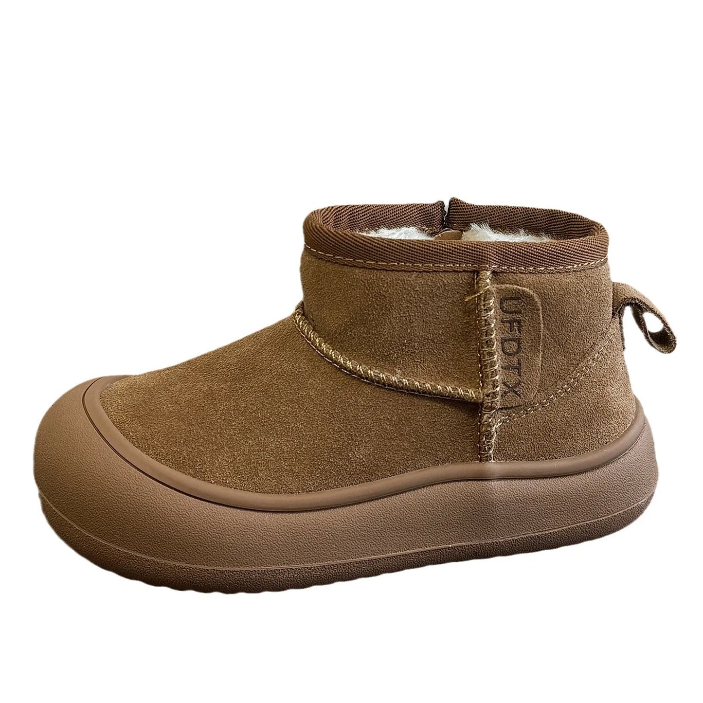 Children Cute Low-top Snow Boots Winter Kids Quality Genuine Leather Short Boots Boys Girls Side Zip Design Round Toe Boots