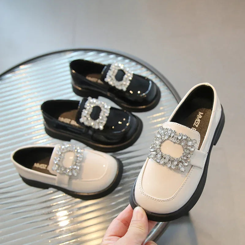 Girls Square Rhinestone Loafers Patent Leather Slip-on Shoes for Children British Black Loafers Platform Oxford Shoes Kids Flats