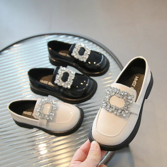 Girls Square Rhinestone Loafers Patent Leather Slip-on Shoes for Children British Black Loafers Platform Oxford Shoes Kids Flats