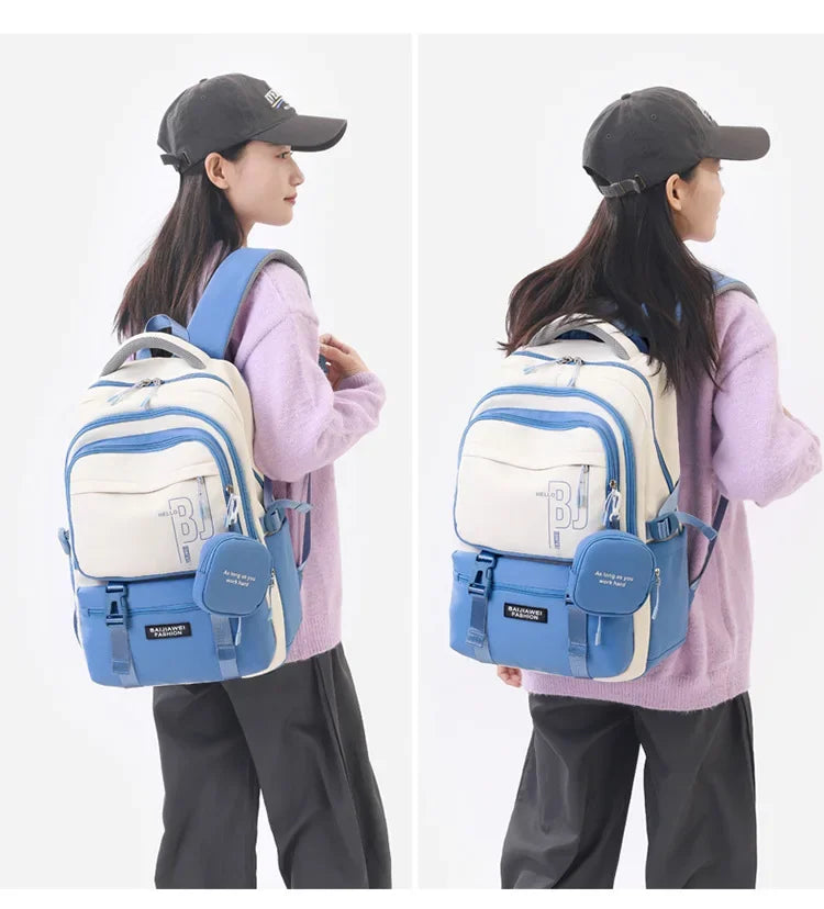 Macaron Color-Block Girls' School Backpack – Premium Large-Capacity Bag with Rainbow Zipper for Kids and Teen Students