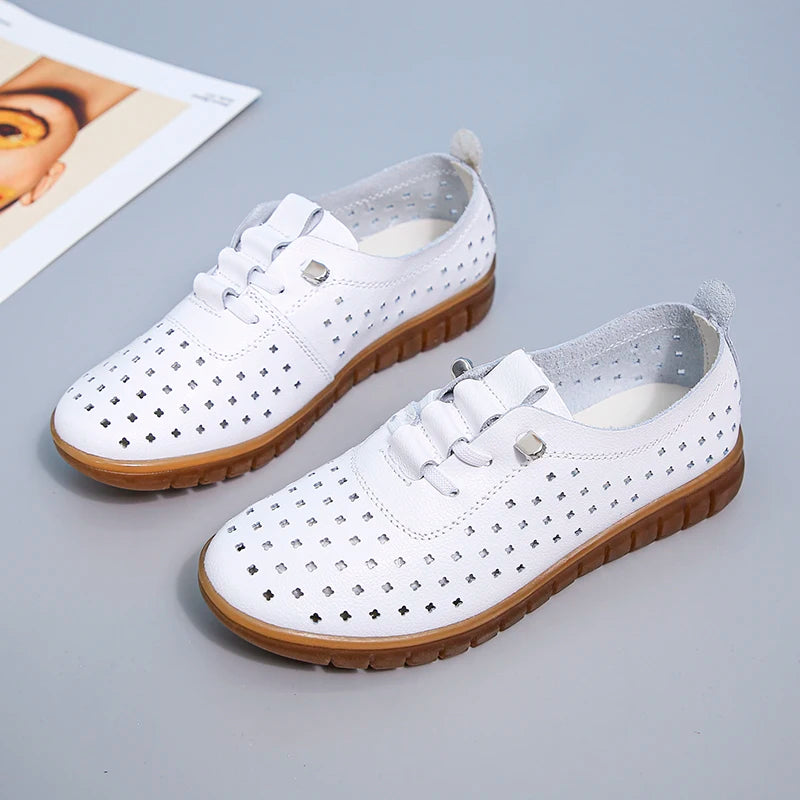 Genuine Leather Summer Loafers Women Casual Shoes Moccasins Soft Pointed Toe Ladies Footwear Women Flats Shoes White
