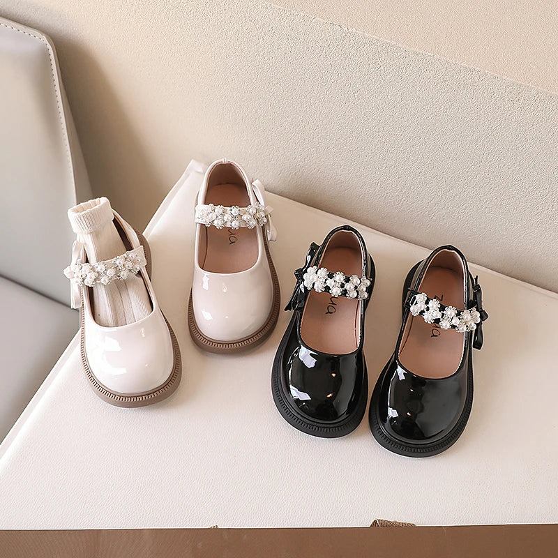 NEW Kids Shoes Princess Girls School Shoe Beige Black Children Leather Party Dress Flat Little Girl Shoes Casual