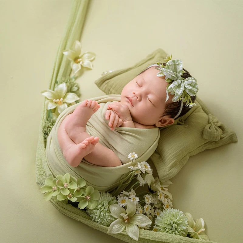 Newborn Baby Photography Props Infant Photoshoot Elastic Wrap Cloth Adjustable Bow Headflower Green Theme Baby Photo Accessories