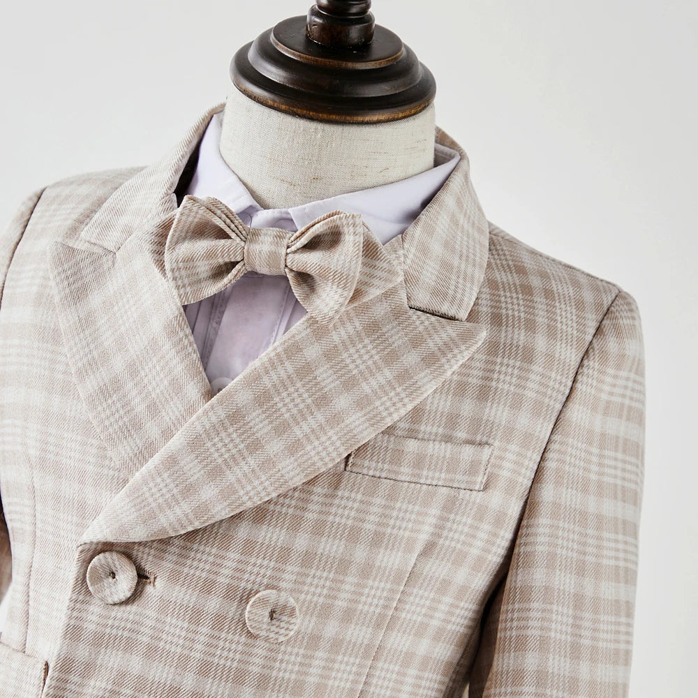 Baby Photograph Boys Suit Children Clothes Set Spring Khaki Lattice Birthday Dress Kids costume Tuxedo Coat+Shorts With Strap