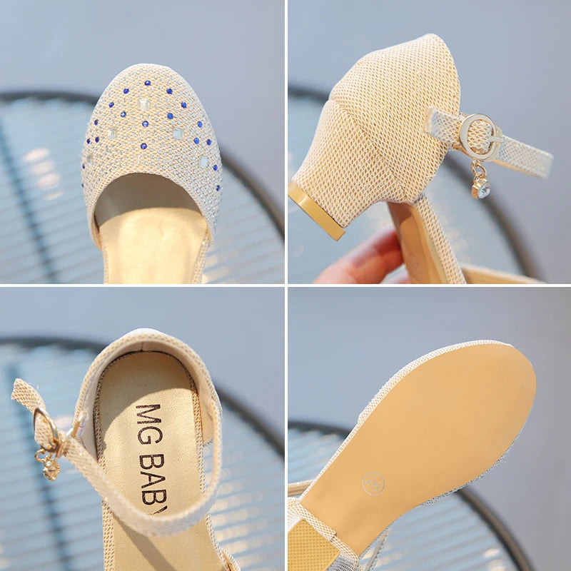 Girls Leather Shoes Pink New with Heel Rhinestone Girls Princess Single Shoes 4-12 Years Old Fashion Non-slip Children's Sandals