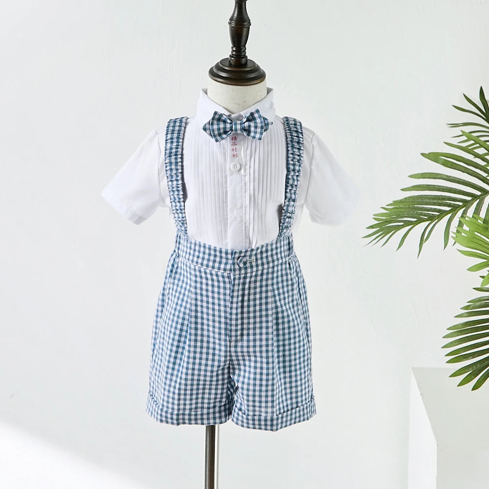 Baby Photograph Lattice Boys Suit Birthday Linen Thin Summer Little Boy Gentleman Outfit Formal Suits Children Coat Clothes Set