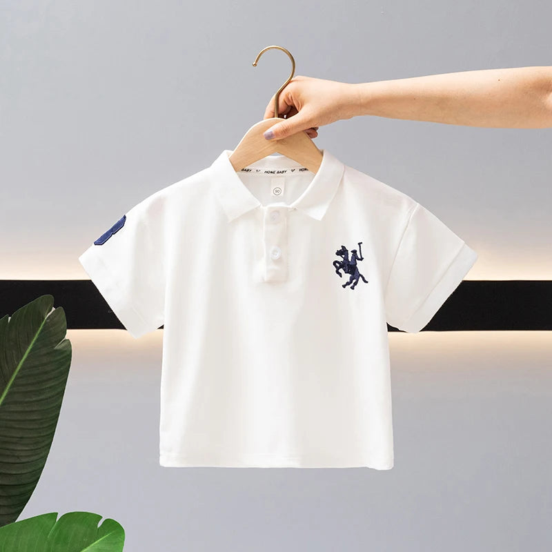 Summer Boys 2024 Casual Embroidery Horse Button Pullover Short sleeved T-shirt Polo Shirt Children's Clothing 1-7Y