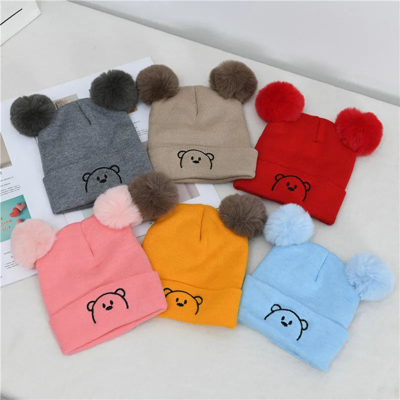 2pcs Winter Baby Hat Scarf Set Toddler Girl Boy Cap Knitted Beanie Fur Ball Cartoon Bear Snow Outfit Infant Accessories