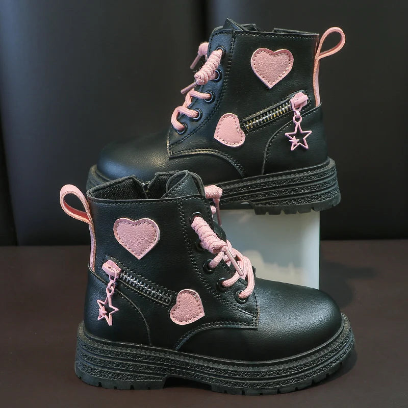 Girls' Fashion Rubber Boots – Autumn/Winter PU Round-Toe Boots with Soft Cotton Lining, Side Zip, and Heart Detail in Pink