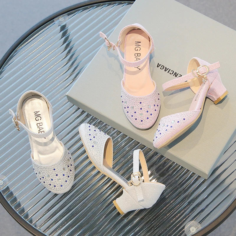 Girls Leather Shoes Pink New with Heel Rhinestone Girls Princess Single Shoes 4-12 Years Old Fashion Non-slip Children's Sandals