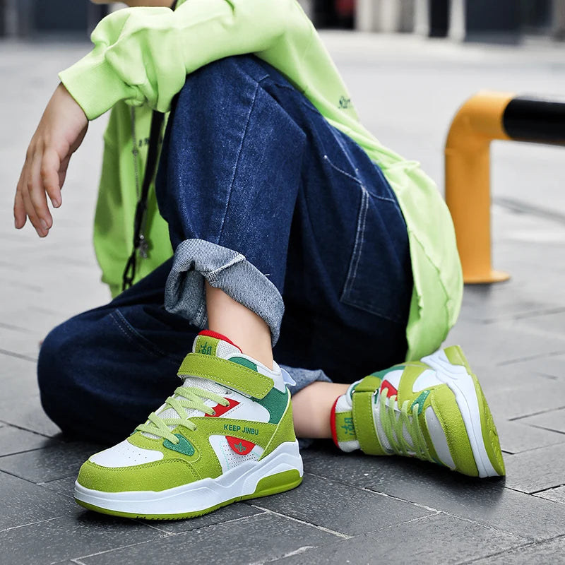 High top shoes children's shoes 2024 autumn new leather children's sports shoes male fashion brand primary school casual shoes