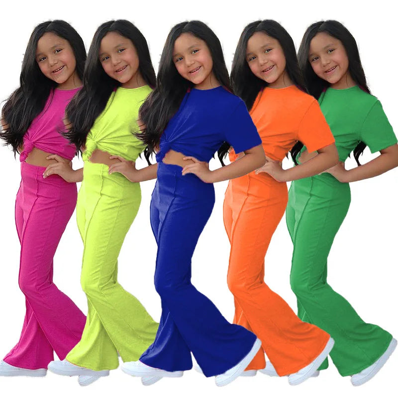 2025 Summer Girls Bell Bottom Outfits 2pcs Solid Cotton T-shirt Pants Suit For Children Teenage Girls Fashion Tracksuit Clothes