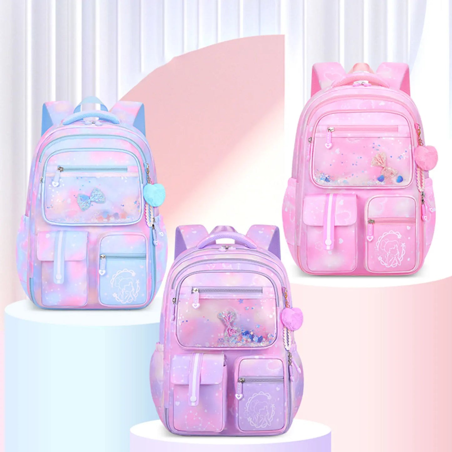 Girls' School Backpack – Macaron Color-Block Design with Rainbow Zipper, Premium Large-Capacity Bag for Kids and Teens