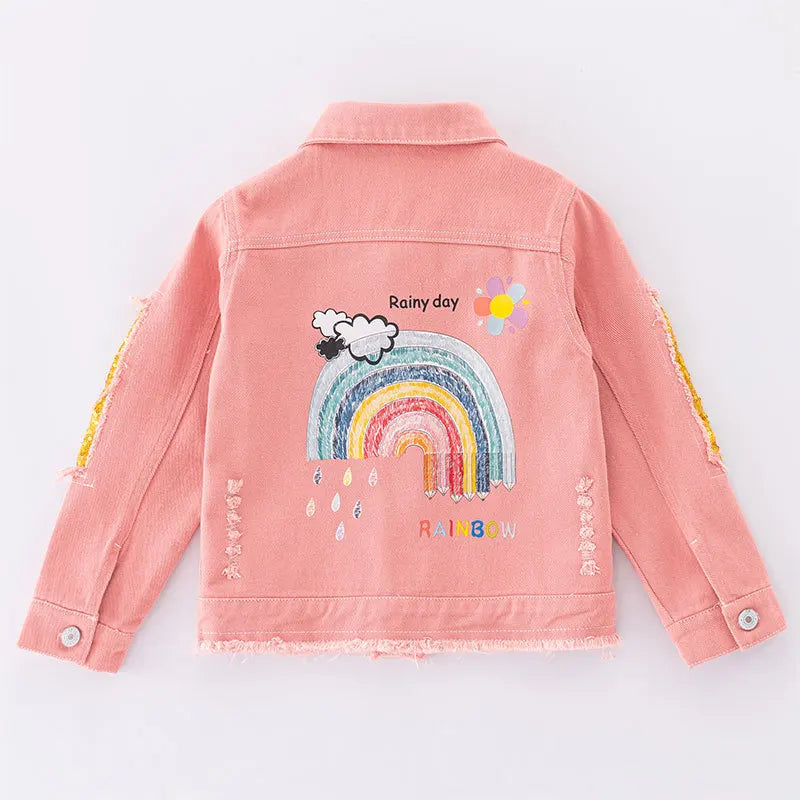 5-12 Years Teen Girls Denim Jacket New Fashion Pink Rainbow Sequins Jean Coat For Girl Spring Autumn Children Outerwear Clothing