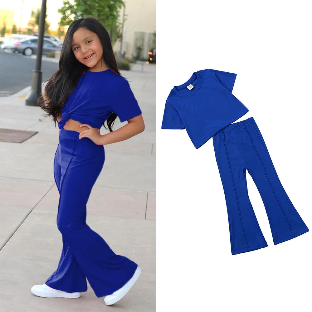 2025 Summer Girls Bell Bottom Outfits 2pcs Solid Cotton T-shirt Pants Suit For Children Teenage Girls Fashion Tracksuit Clothes