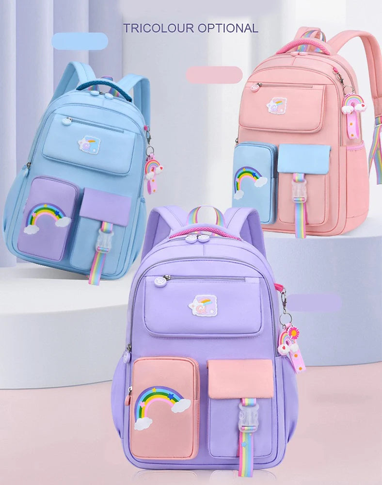 Premium Girls' School Backpack – Macaron Color-Block Design with Rainbow Zipper, Large Capacity Bag for Kids and Teens