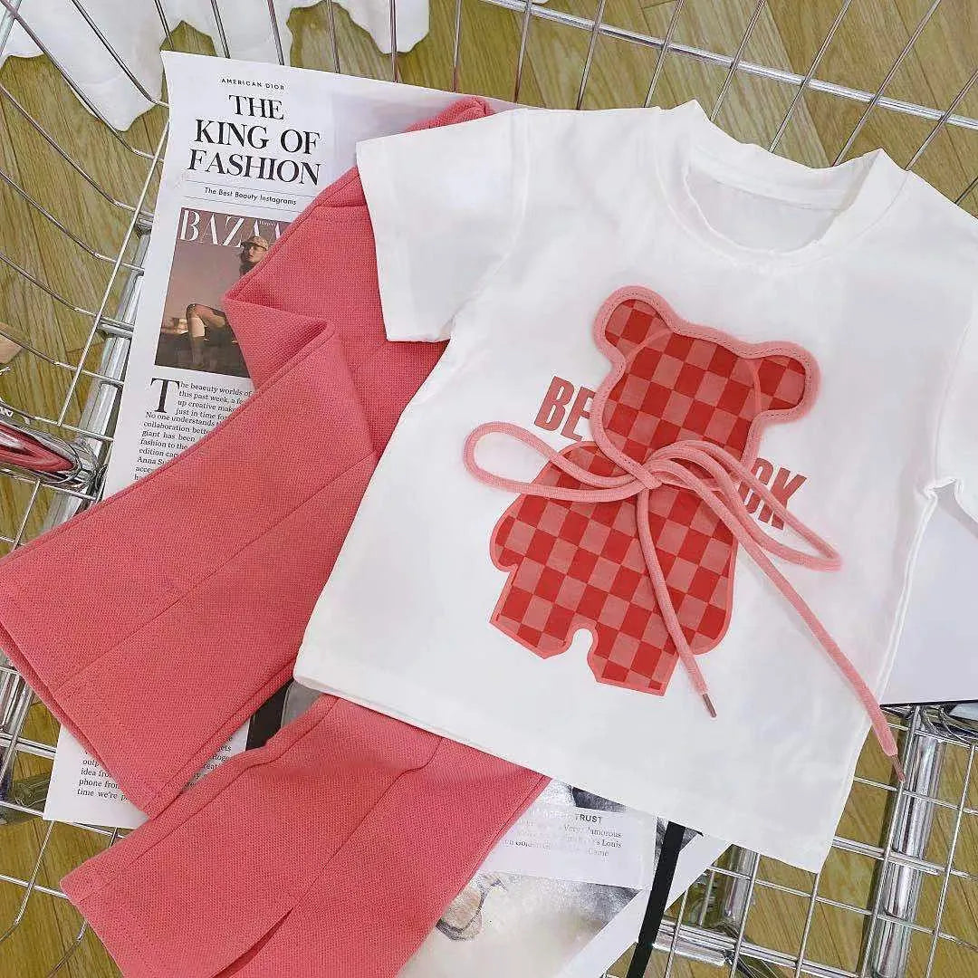 Summer Baby Girls Clothes Set Plaid Cartoon Bear Tshirts and Flared Pants Suiy Children Short Sleeve Top Bottom 2 Pcs Outfits