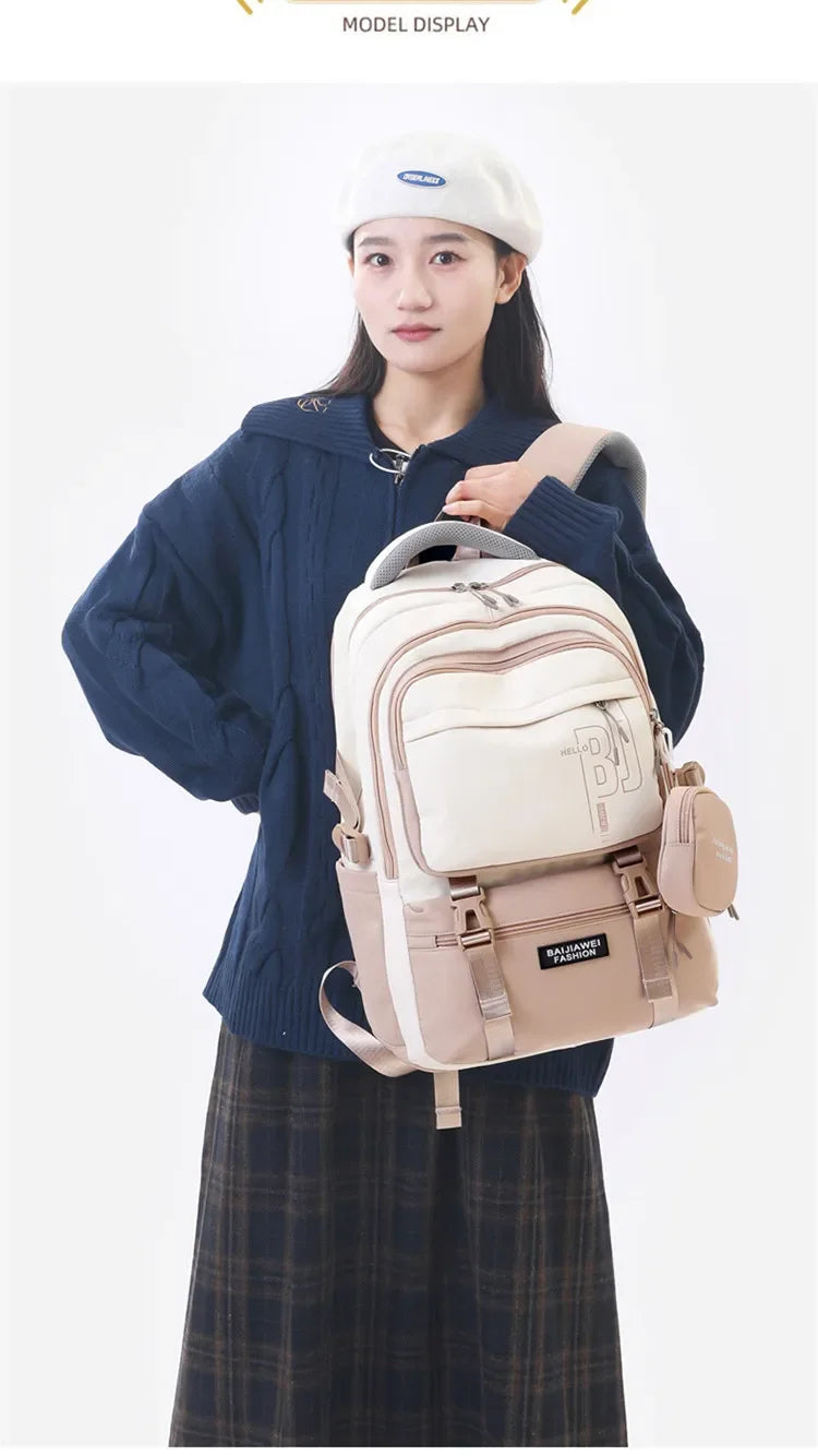 Macaron Color-Block Girls' School Backpack – Premium Large-Capacity Bag with Rainbow Zipper for Kids and Teen Students