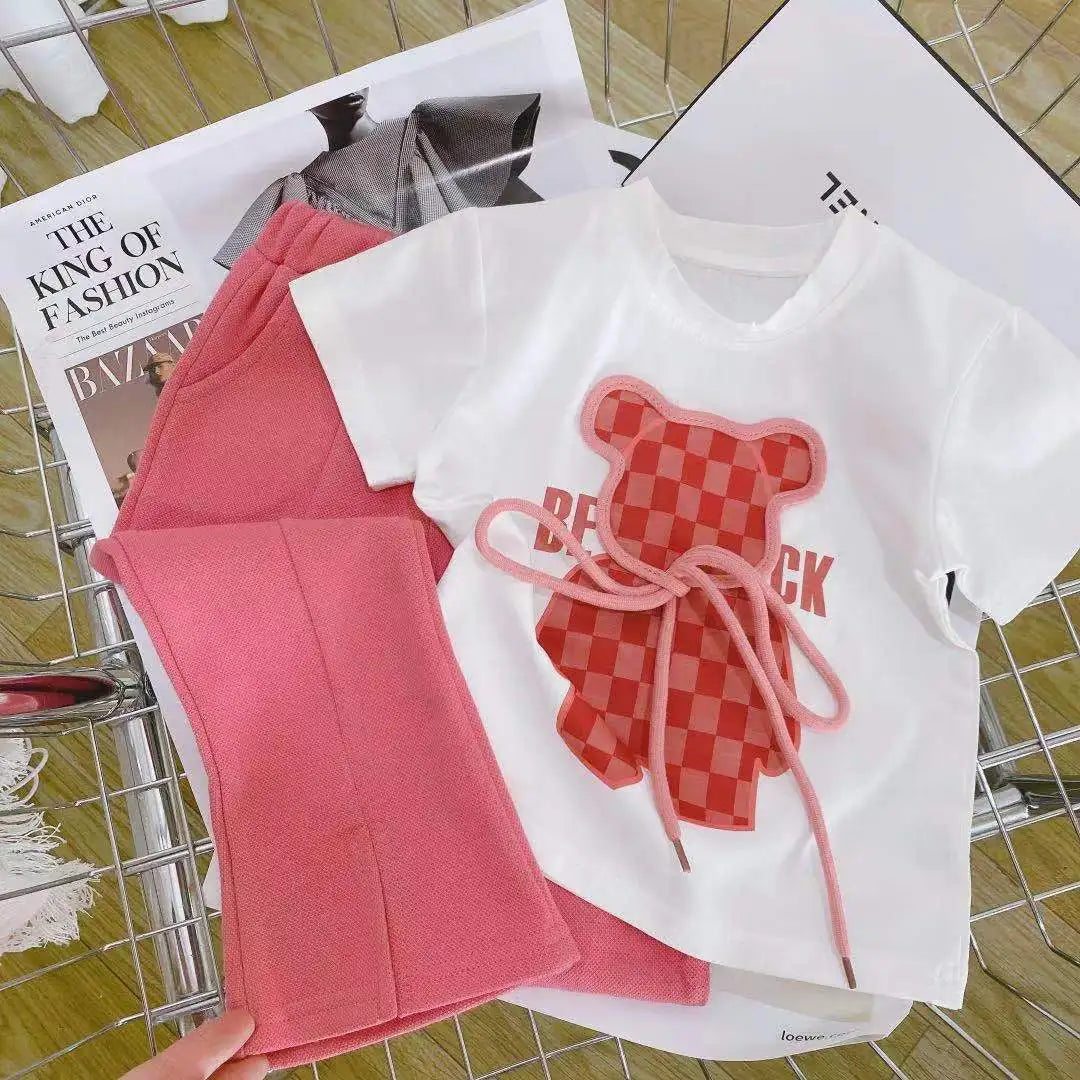 Summer Baby Girls Clothes Set Plaid Cartoon Bear Tshirts and Flared Pants Suiy Children Short Sleeve Top Bottom 2 Pcs Outfits