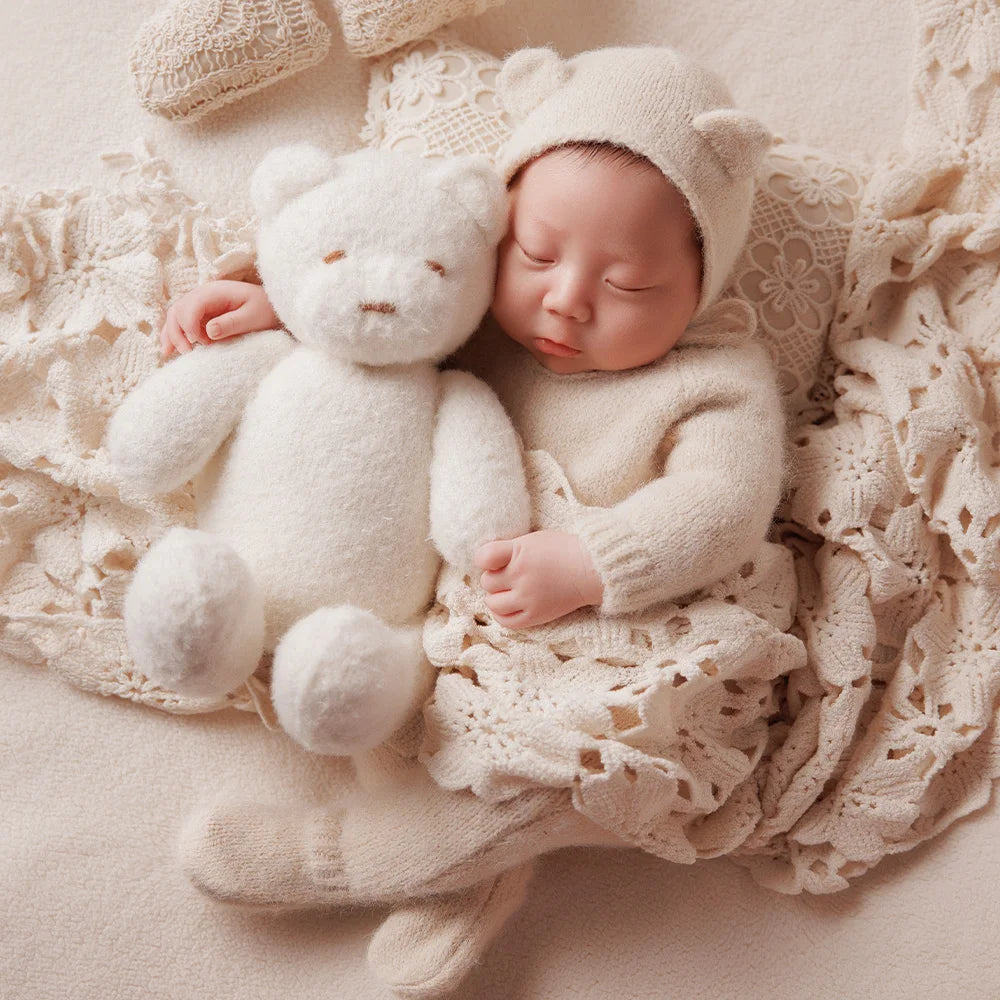 Baby Photography Costume Knitted Long-Sleeved Jumpsuit+Bear Ear Hat Teddy Bear Doll Photo Props Lace Pillow Shooting Accessories