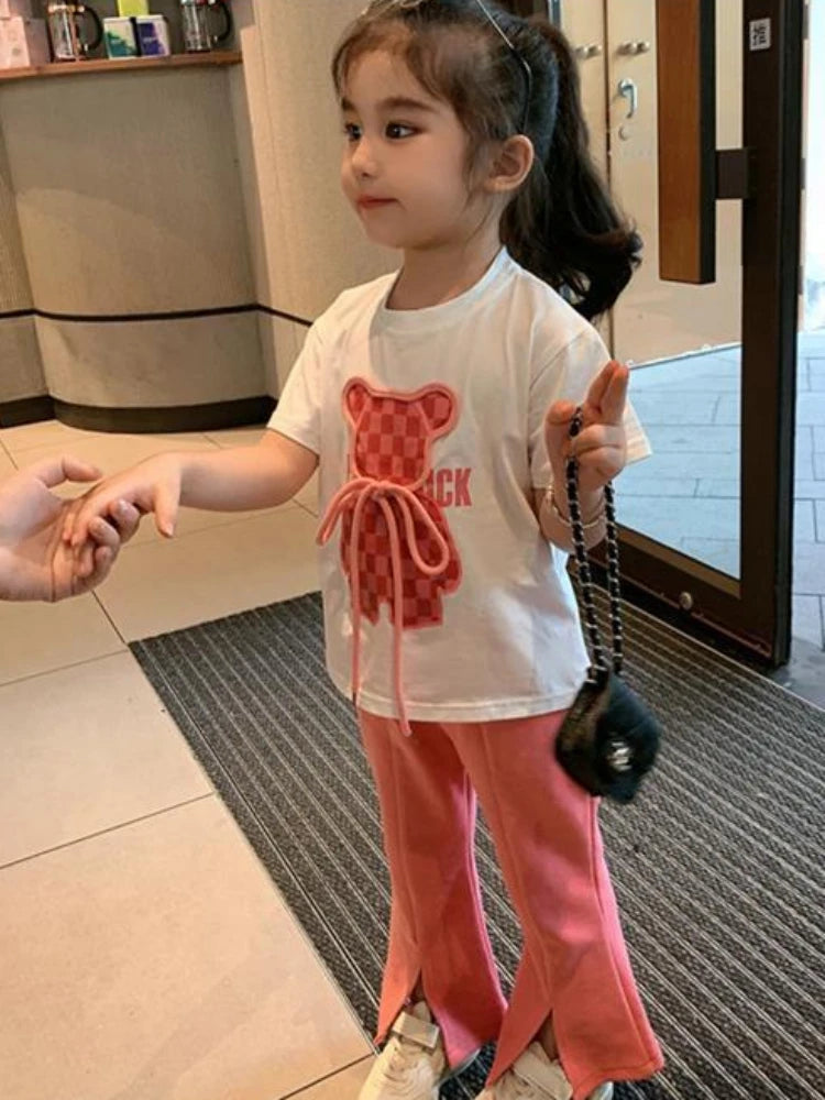 Summer Baby Girls Clothes Set Plaid Cartoon Bear Tshirts and Flared Pants Suiy Children Short Sleeve Top Bottom 2 Pcs Outfits