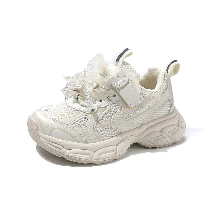 3-18 Years Old Girls Sneakers Four Seasons Beige Bow Mesh Girls Tennis Shoes Pink Soft Bottom Non-slip Children's Single Shoes