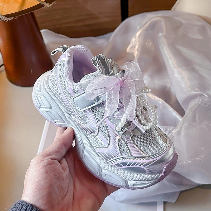 3-18 Years Old Girls Sneakers Four Seasons Beige Bow Mesh Girls Tennis Shoes Pink Soft Bottom Non-slip Children's Single Shoes