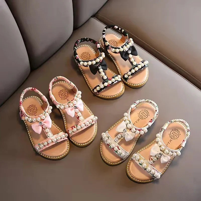 Sweet and Cute Bohemia Girls Sandals with Bow-tie 2024 Summer Children Roman Sandals Beading Flip Flops Beach Shoes Girl F02242