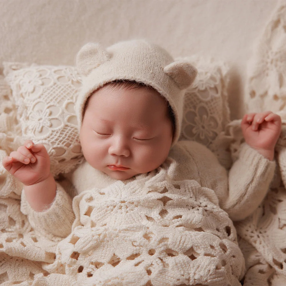 Baby Photography Costume Knitted Long-Sleeved Jumpsuit+Bear Ear Hat Teddy Bear Doll Photo Props Lace Pillow Shooting Accessories