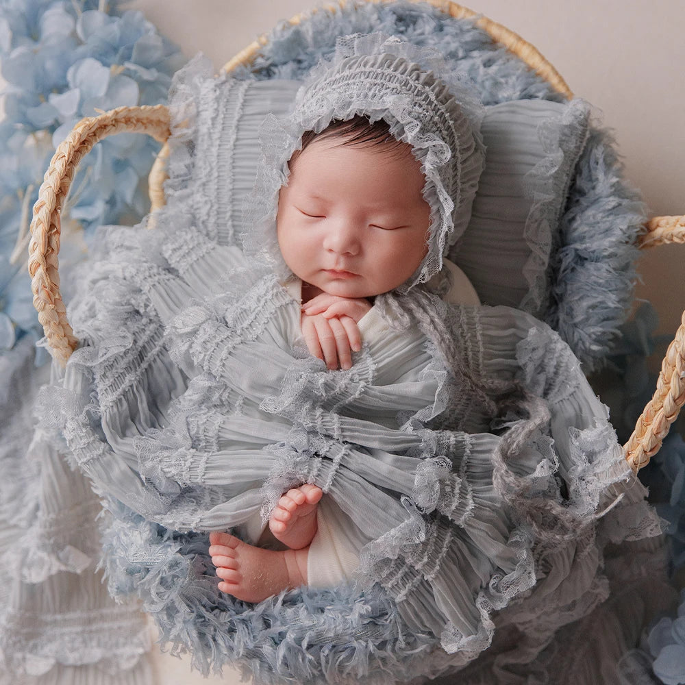 Newborn Wrap Photography White Cotton Stretch Wrapping Lace Hat Pillow Feather Mat Photo Props Artificial Flower Decoration Prop