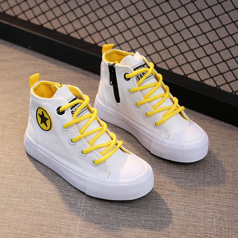 Children High-top Casual Canvas Shoes Boys Girl Zipper Flat Bottom Breathable Board Shoes Kid Cycling Sports Outdoor Board Shoes