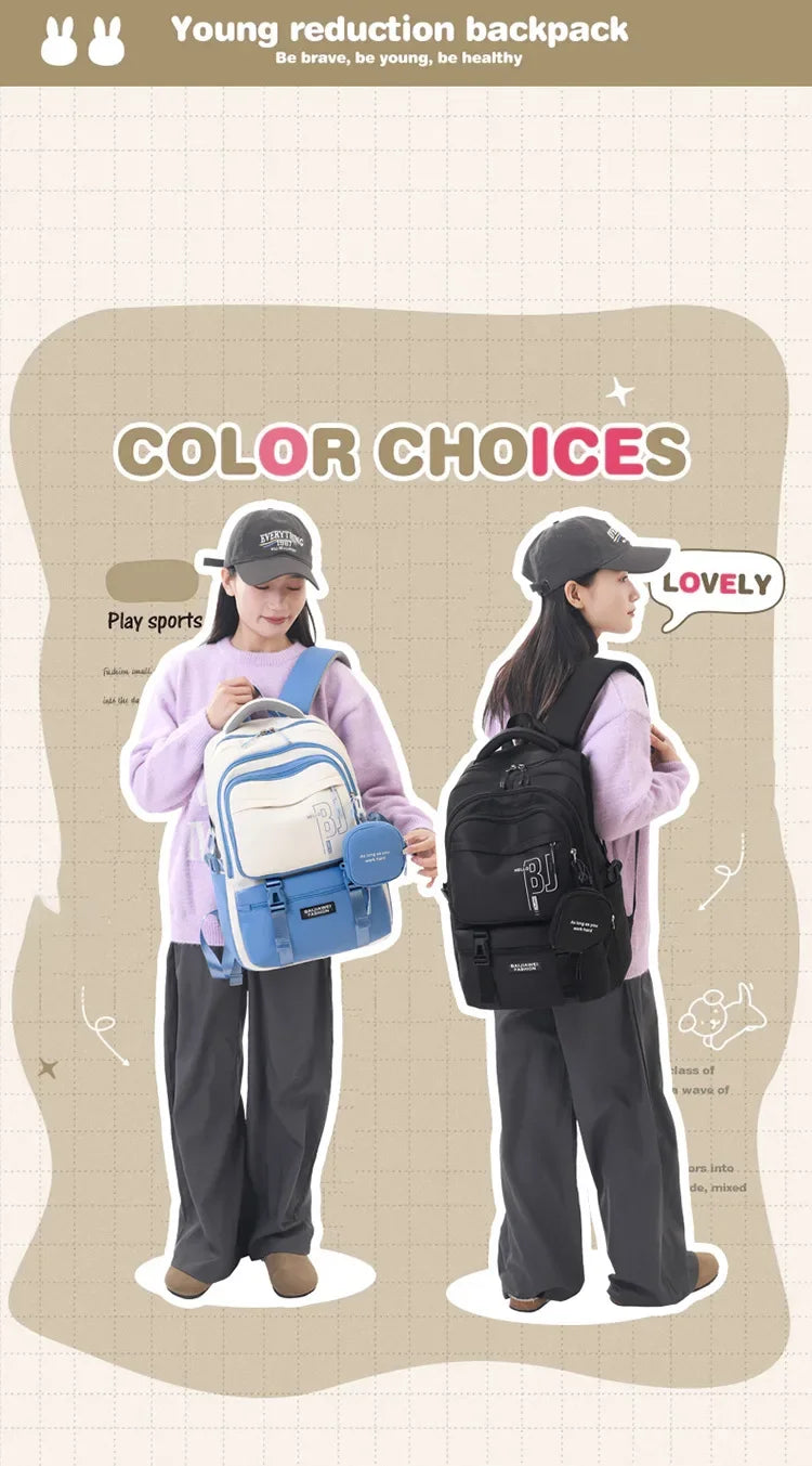 Macaron Color-Block Girls' School Backpack – Premium Large-Capacity Bag with Rainbow Zipper for Kids and Teen Students