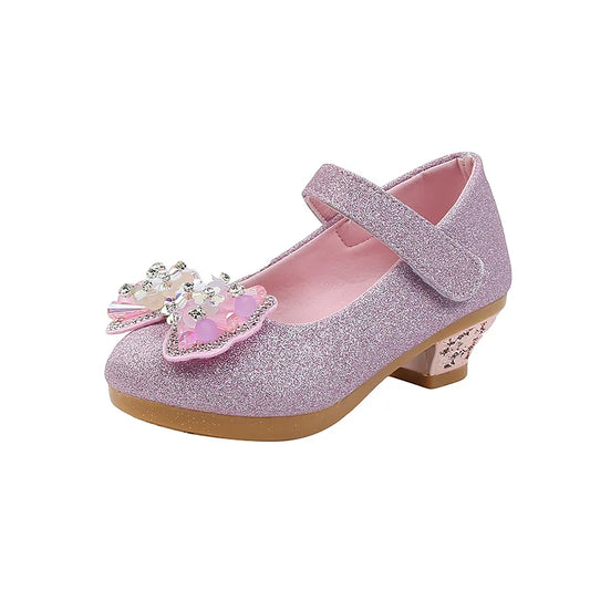 Children's Leather Shoes Spring Autumn Versatile Girls High Heels for Princess Party Fashion Sweet Bowtie Kid Causal Dress Shoes