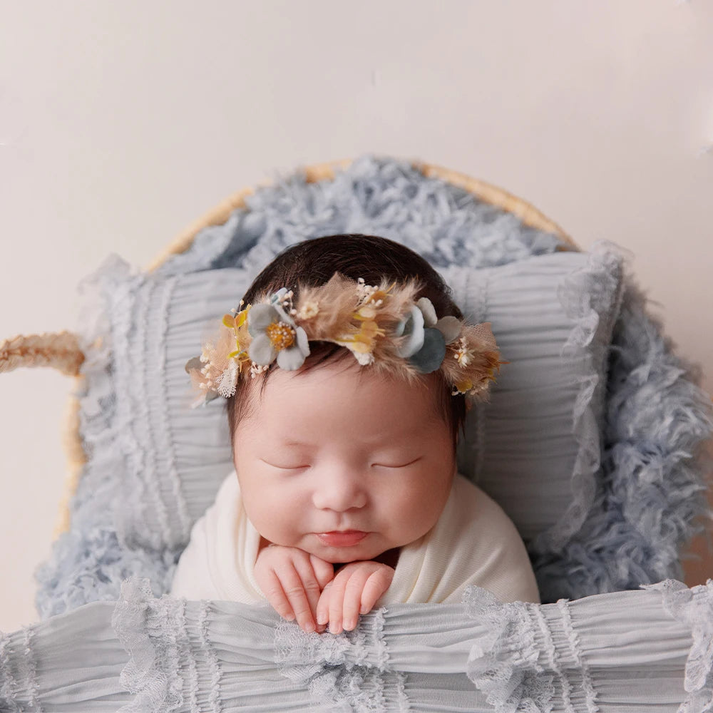 Newborn Wrap Photography White Cotton Stretch Wrapping Lace Hat Pillow Feather Mat Photo Props Artificial Flower Decoration Prop