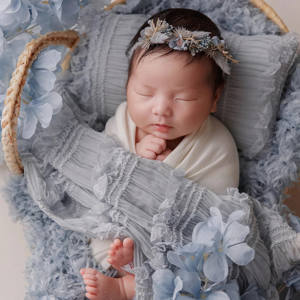 Newborn Wrap Photography White Cotton Stretch Wrapping Lace Hat Pillow Feather Mat Photo Props Artificial Flower Decoration Prop