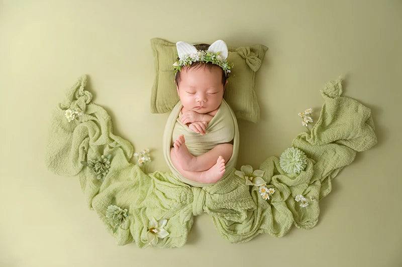 Newborn Baby Photography Props Infant Photoshoot Elastic Wrap Cloth Adjustable Bow Headflower Green Theme Baby Photo Accessories