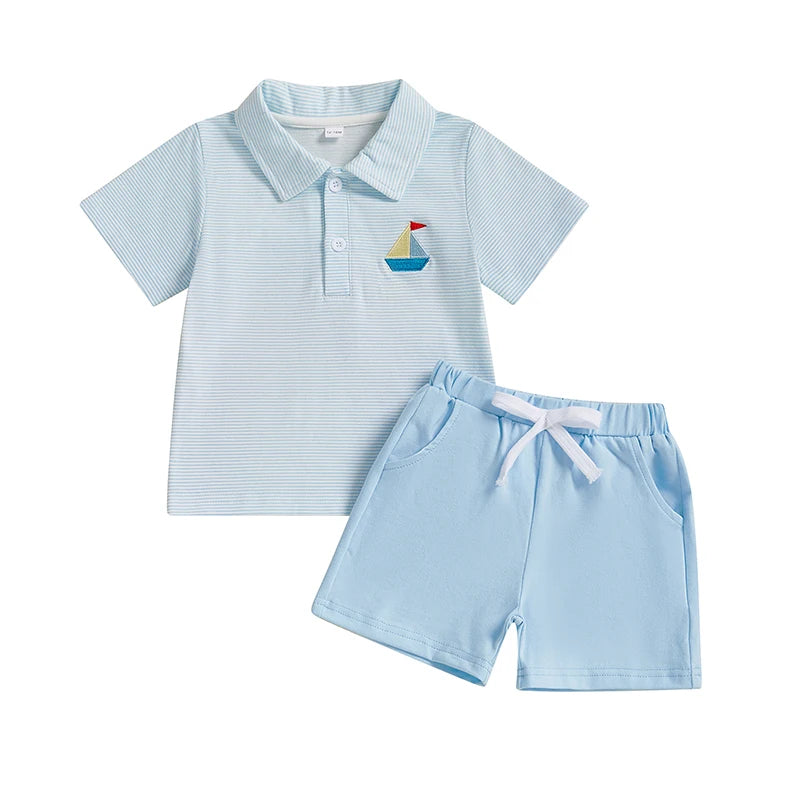 Boys Summer Outfit Sets with Short Sleeve Lapel Sailboat Embroidery Tops and Solid Color Shorts - Stylish and Comfortable