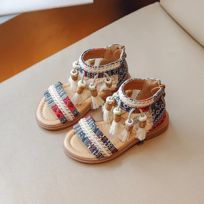Bohemian Fringe Sandals for Girls Retro Ethnic Style Summer Shoes Geometric Yarn Dyed Pattern Ancient Tradition Shoe Kids G04071