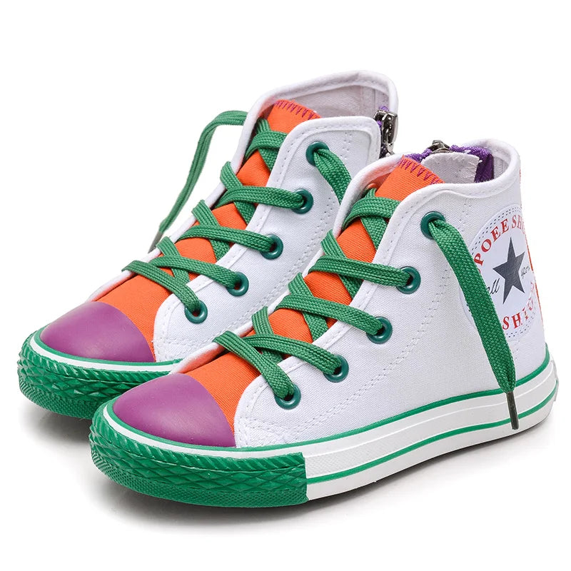 Opoee Children's Shoe Wholesale 2023 Spring Boys' and Girls' Board Shoes Korean Edition Colored Fashion Mid Top Children's Canva