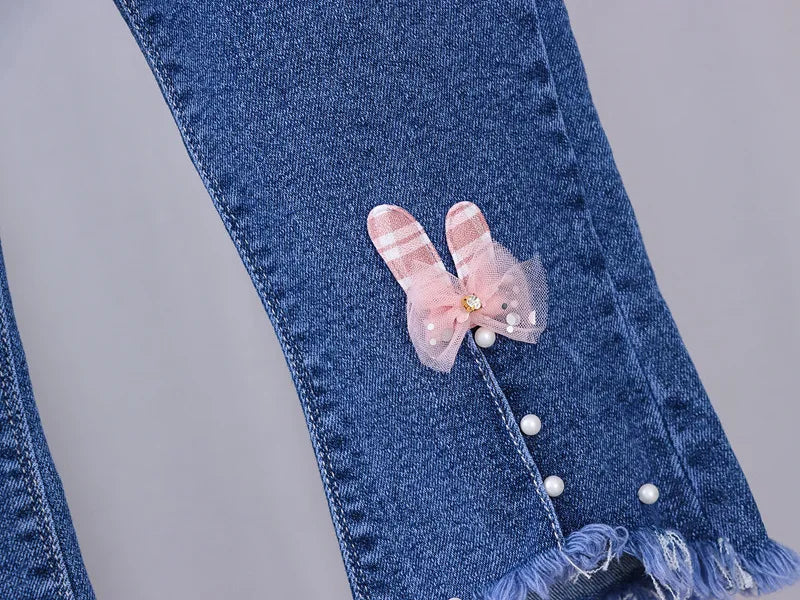 Jeans for Kids Girls Trousers Spring Autumn 2023 New Bow Bell-bottomed Stretch Princess pants for children Girl Denim Pants