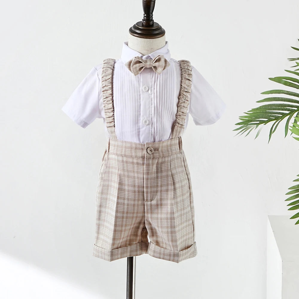 Baby Photograph Boys Suit Children Clothes Set Spring Khaki Lattice Birthday Dress Kids costume Tuxedo Coat+Shorts With Strap