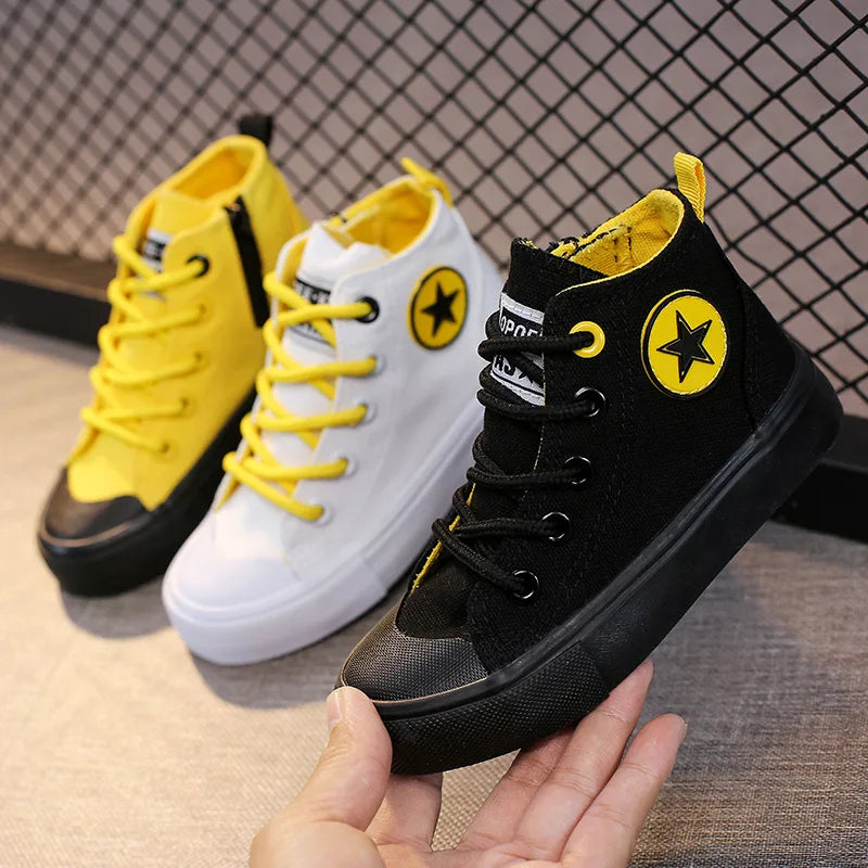 Children High-top Casual Canvas Shoes Boys Girl Zipper Flat Bottom Breathable Board Shoes Kid Cycling Sports Outdoor Board Shoes