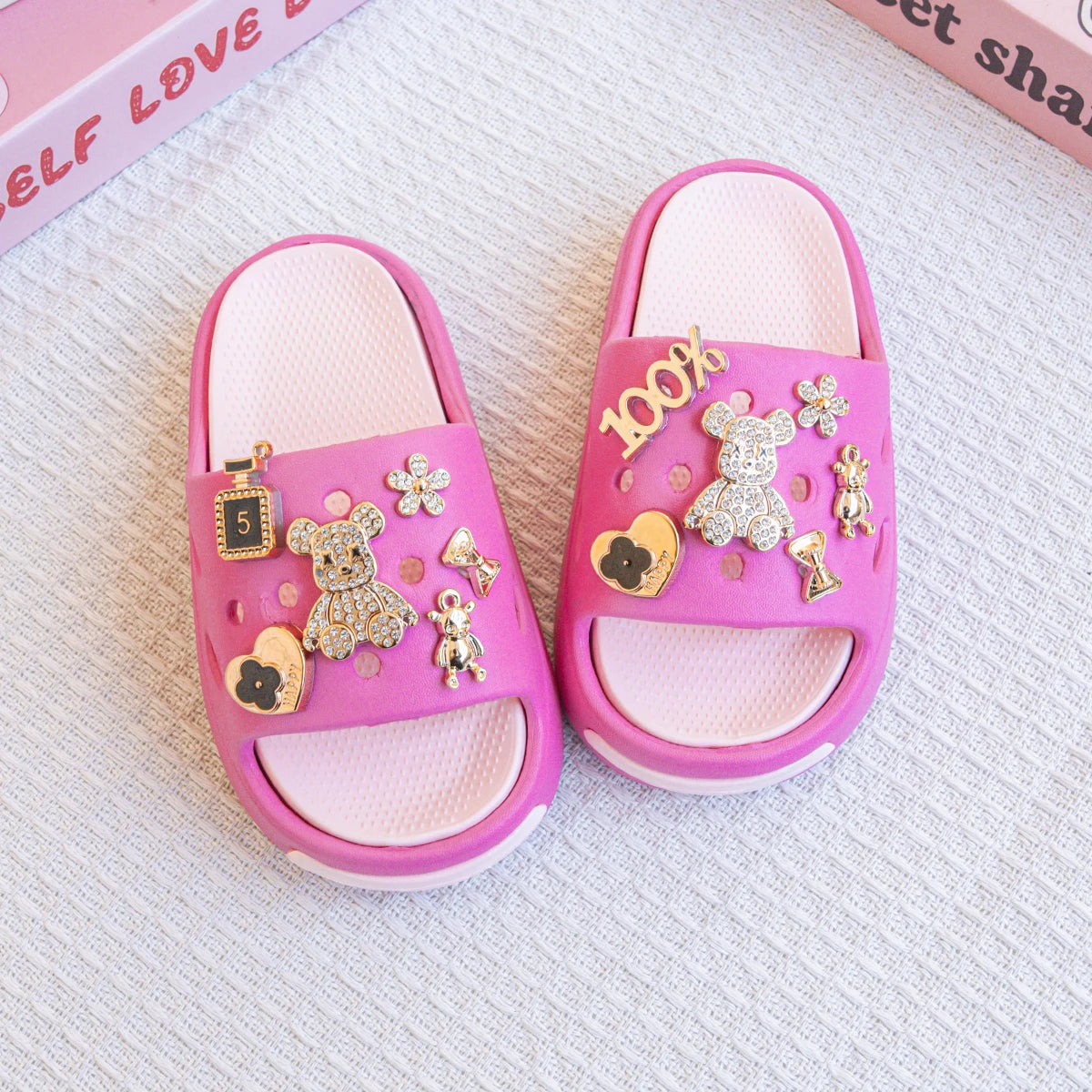 New Popular Cartoon Gold Diamond Bear Versatile Eva Slippers for Boys and Girls, Fashionable Double-Piece Soft-Soled Non-Slip Sa