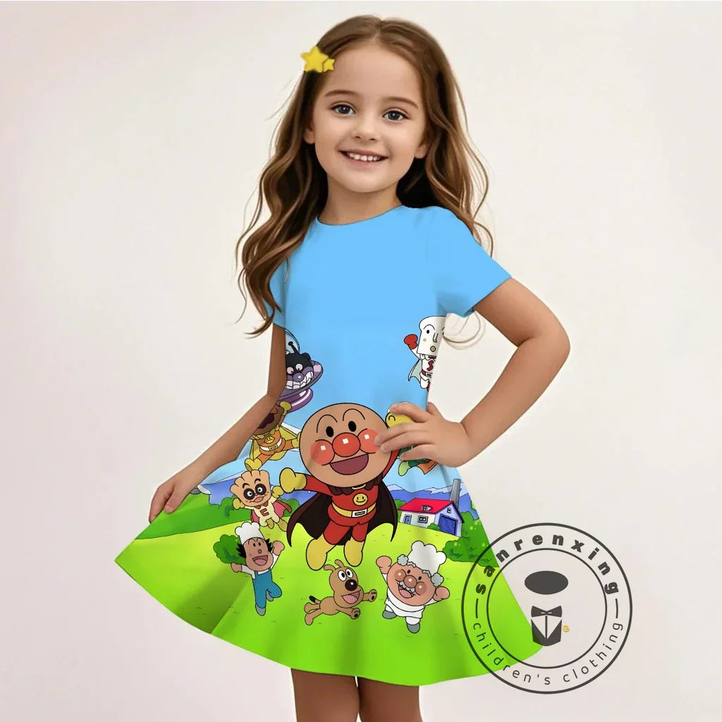 Summer Girls Cartoon Anpanman Printed Dress Kids Fashion One-piece Dress Girls Daily Casual Short Sleeve Clothing Outfit