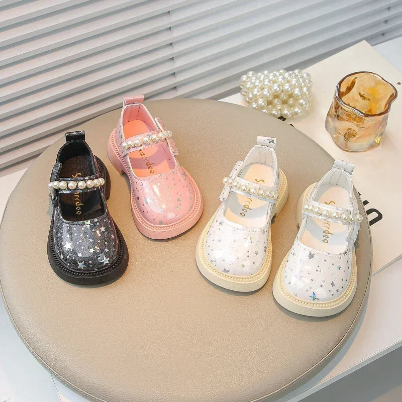 Bling All Over Stars Fashion Leather Shoes for Kids Girls Beading Black Pink White Rubber Children School Dress Shoes New I01163