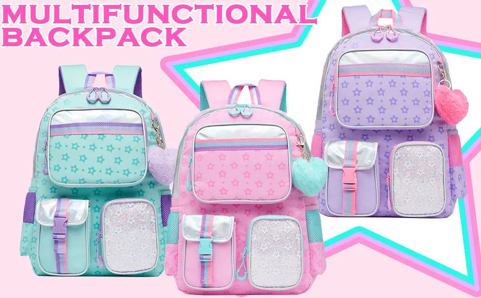 Girls' Macaron Color-Block School Backpack – Large-Capacity, Premium Bag with Rainbow Zipper for Kids and Teens