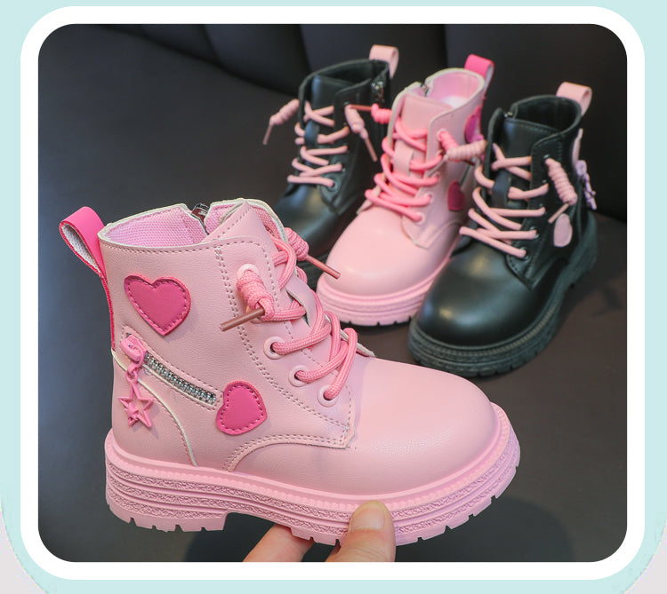Girls' Fashion Rubber Boots – Autumn/Winter PU Round-Toe Boots with Soft Cotton Lining, Side Zip, and Heart Detail in Pink